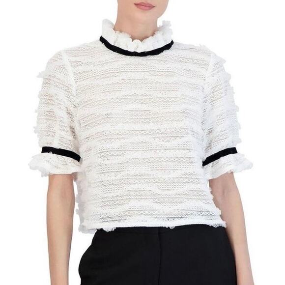BCBGMaxazria Ruffle Mock Neck Short Sleeve Sheer Lace Blouse Top White Black - L - Picture 3 of 11